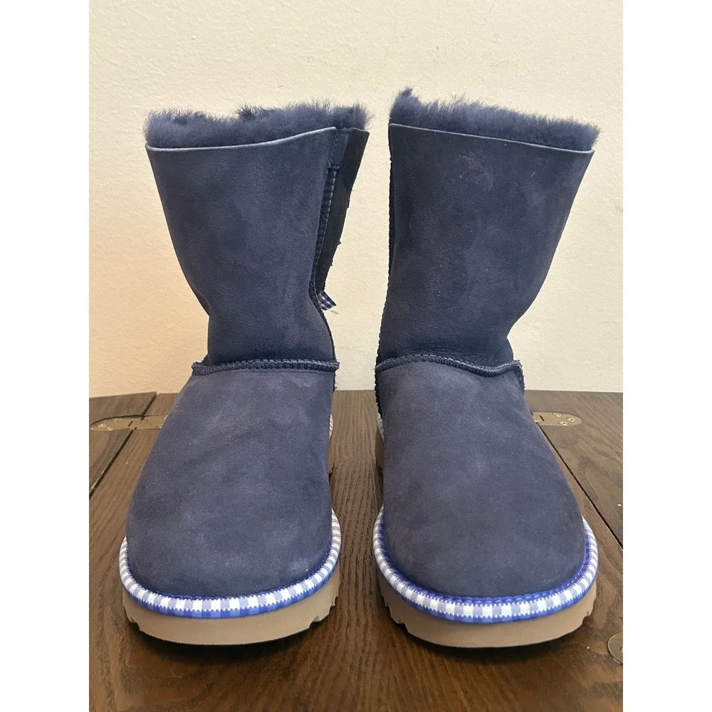 UGG‎ Classic Short Bailey Bow GINGHAM Navy Boots Women's Size 7